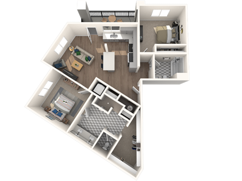 Floor plan for 2 beds, 2 baths, 1285 sqft